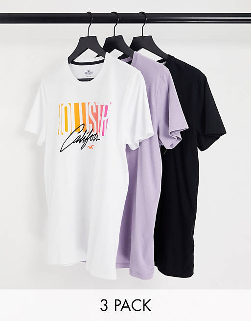Hollister - Set van 3 t-shirts met ombre logoprint in wit/lila/zwart