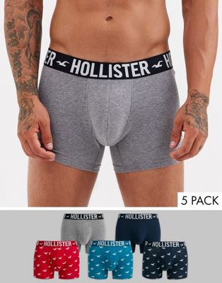 Hollister - Set van 5 boxershorts met print, logo-tailleband in blauw/marineblauw en rode print en marineblauw/grijs-Multi