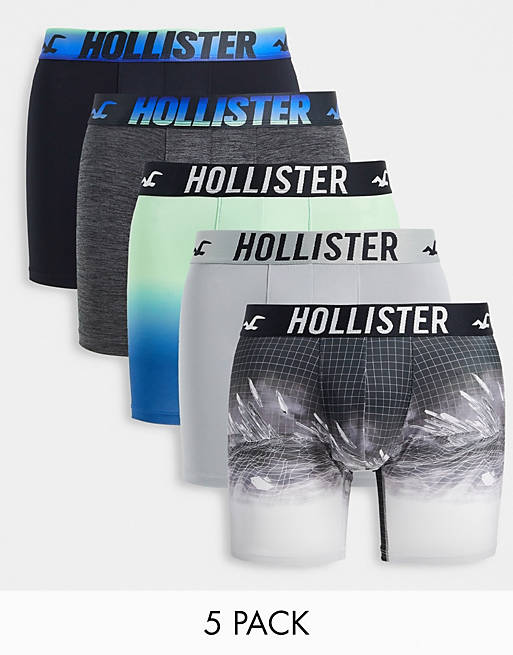 Hollister - Set van 5 boxershorts met schilderachtige en effen dessins en dip-dye tailleband met logo in blauw/grijstinten/zwart