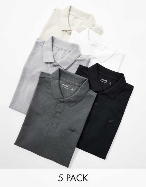 Hollister - Set van 5 paar piqué polo's met icoonlogo in wit/beige/grijs/zwart