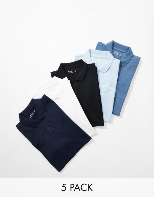 Hollister - Set van 5 piqué polo's met iconisch logo en gekleurd randje in wit/grijs/marineblauw/groen/zwart 