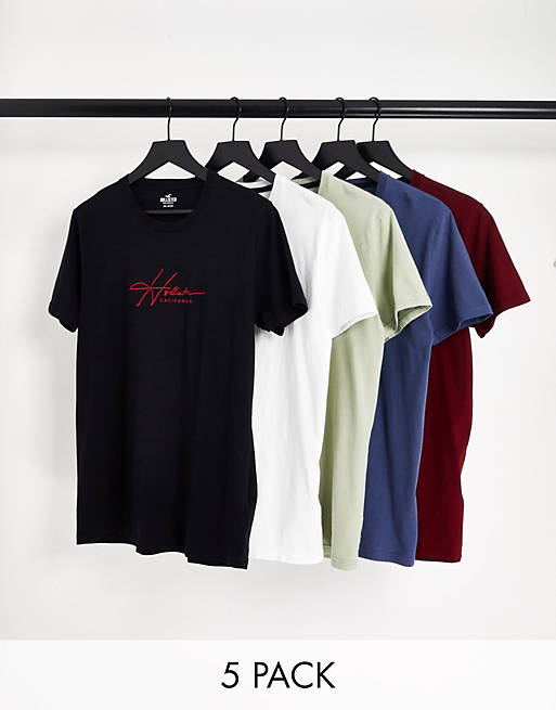 Hollister - Set van 5 T-shirts met geschreven logo in het midden in wit/rood/zwart/blauw/groen