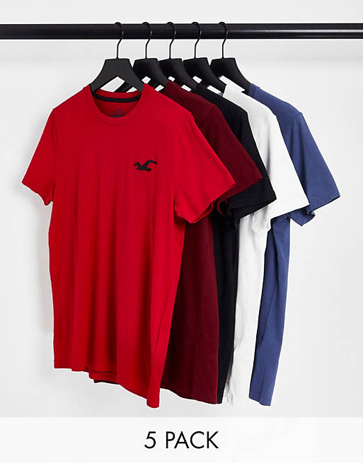 Hollister - Set van 5s T-shirt met geëxplodeerd pictogramlogo in zwart/blauw/rood/wit