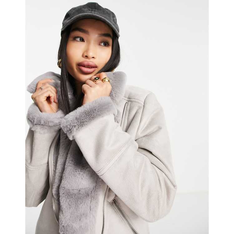 Hollister shearling biker jacket in grey ASOS