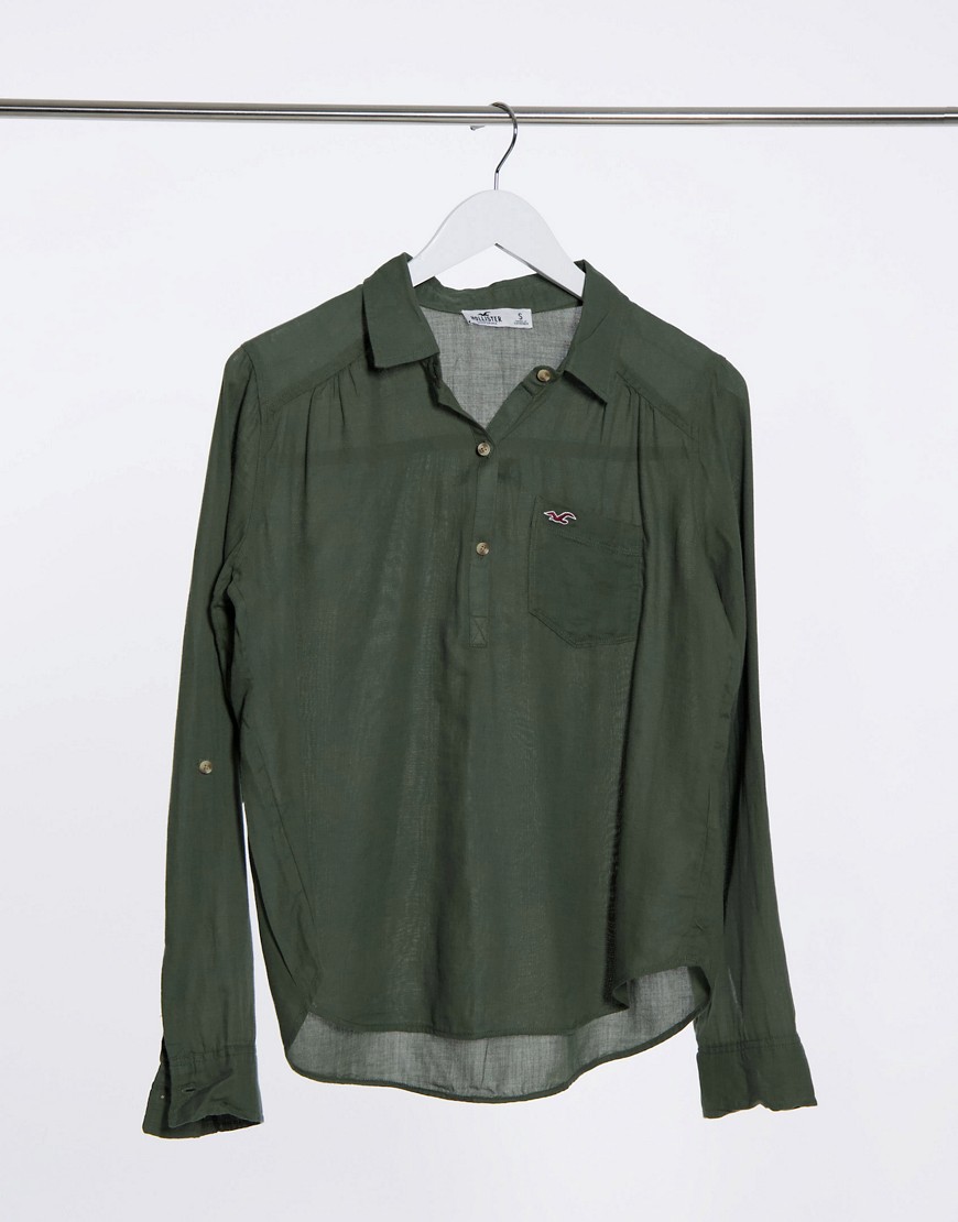 Hollister sheer button through shirt in khaki-Green