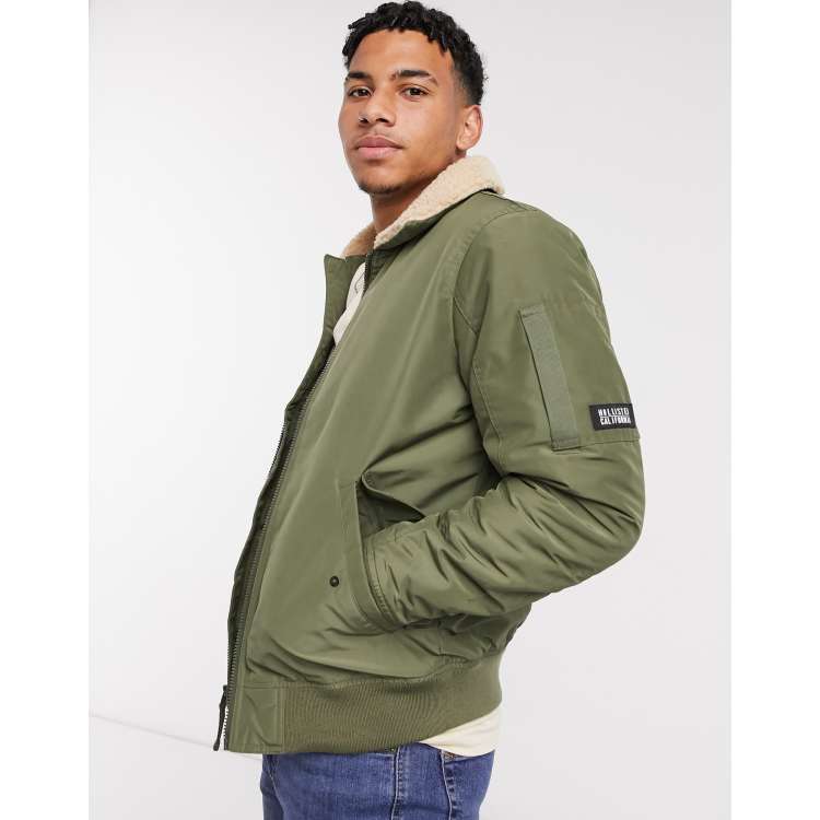Hollister sherpa collar aviator bomber jacket in green ASOS