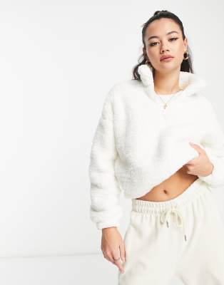 Hollister sherpa half zip cropped sweatshirt in cream  - ASOS Price Checker