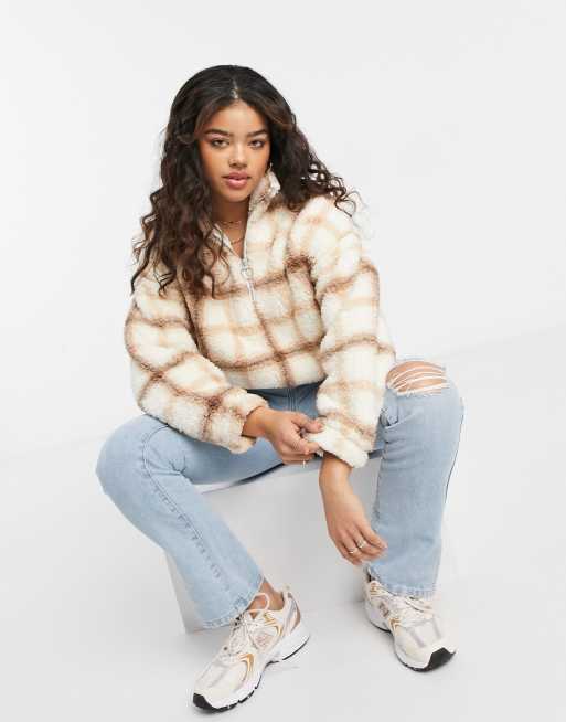 Hollister sherpa half zip jumper in check