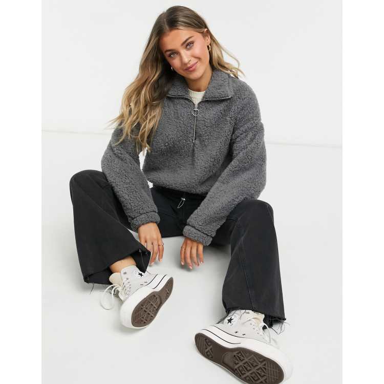 Hollister sherpa half zip jumper in dark grey ASOS