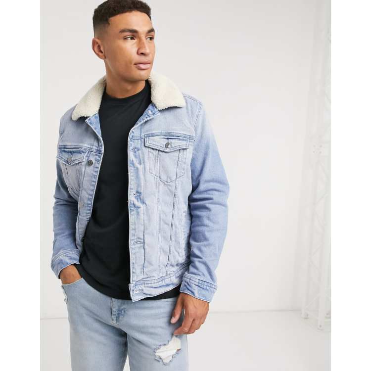 Hollister sherpa lined denim trucker jacket in light wash ASOS