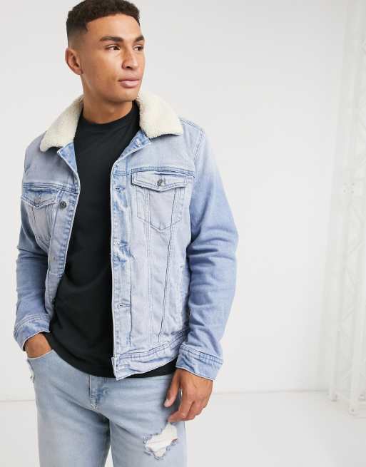 Men's Sherpa-Lined Denim Trucker Jacket in Light Wash Size S from Hollister