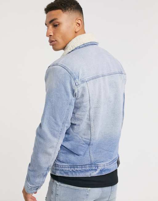 Men's Sherpa-Lined Denim Trucker Jacket in Light Wash Size S from Hollister