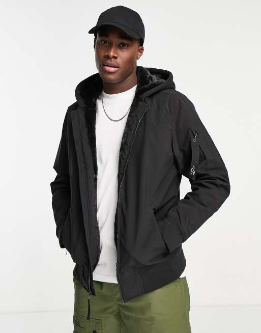 Hollister sherpa lined hooded winter bomber jacket in black | ASOS