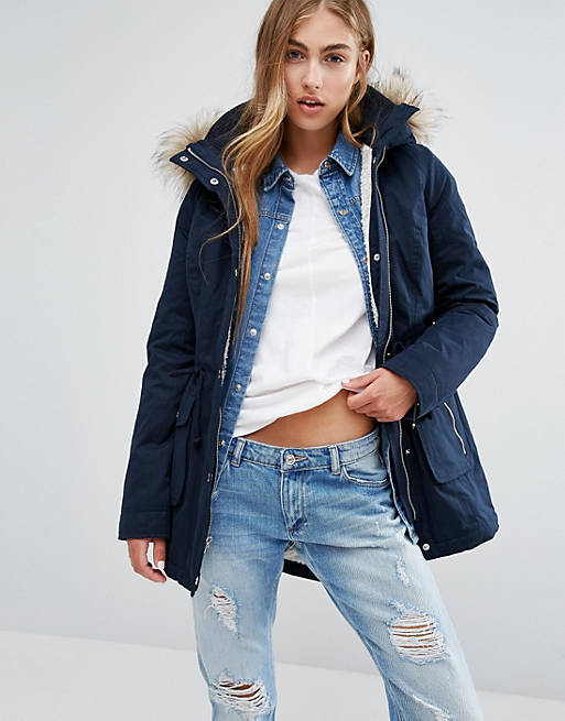 Hollister Sherpa Lined Parka Coat with Faux Fur Trim Hood
