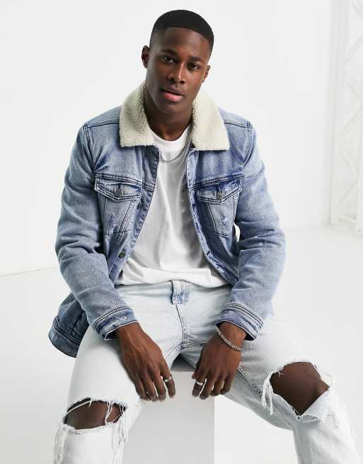 Hollister - Sherpa - Truckerjack van denim met voering en lichte wassing