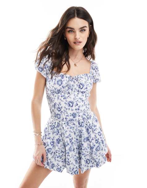 Hollister shirred bust drop waist bubble skort dress in blue floral - view 1