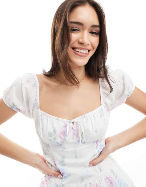 Hollister shirred bust drop waist bubble skort dress in white floral | ASOS