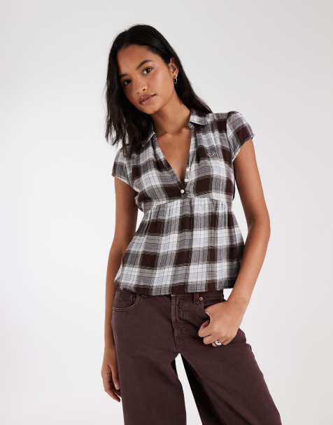 Hollister shirt met korte mouwen en babydoll-pasvorm in bruin geruit - view 1