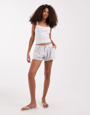 Short ajusté en lin mélangé à rayures - Blanc et bleu-Vert M
