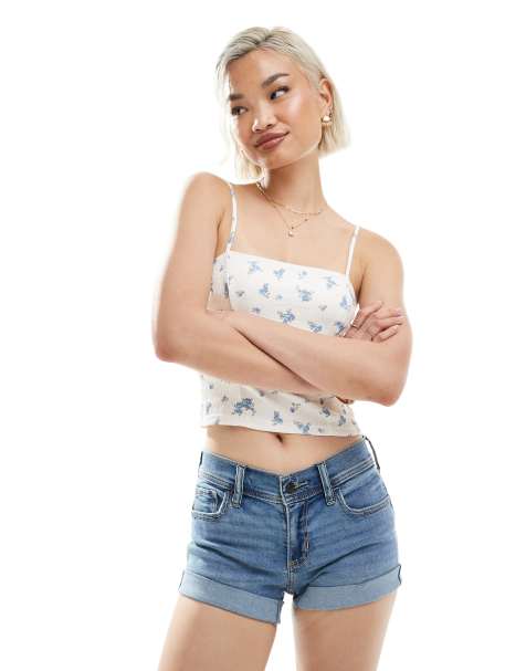 Hollister - Short court en jean à taille basse et taille rabattue contrastante - Bleu rétro moyen délavé - view 1