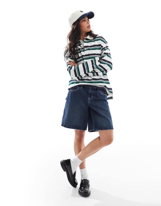 Hollister - Short long en jean à taille basse avec coutures contrastantes - Bleu indigo délavé