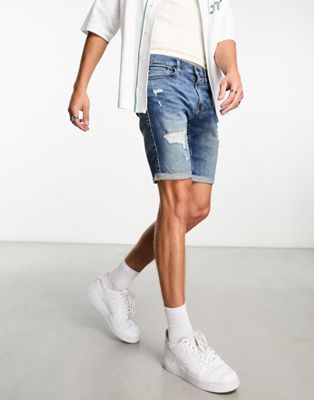 Hollister skinny fit distressed denim shorts in mid wash - ASOS Price Checker