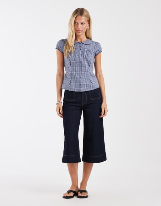 Hollister short sleeve babydoll shirt in blue check, 2 of 4