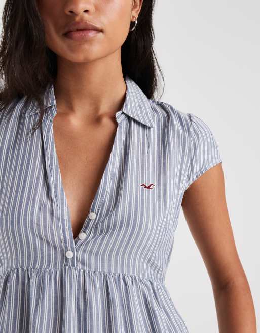 Hollister short sleeve babydoll shirt in blue stripe, 2 of 4