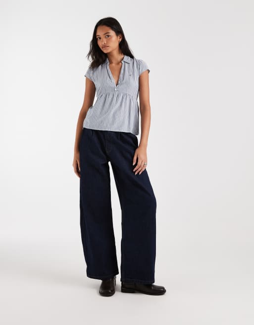 Hollister short sleeve babydoll shirt in blue stripe, 3 of 4