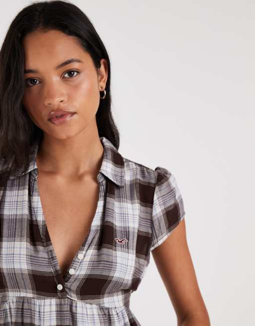 Hollister short sleeve babydoll shirt in brown plaid, 2 of 4