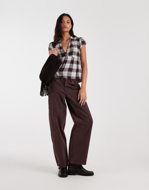 Hollister short sleeve babydoll shirt in brown plaid, 3 of 4