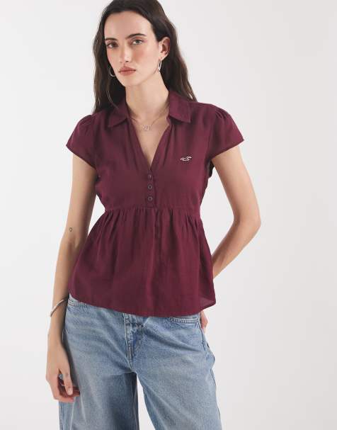 Hollister short sleeve babydoll shirt in burgundy - view 1