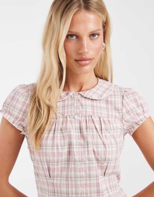 Hollister short sleeve babydoll shirt in light brown plaid