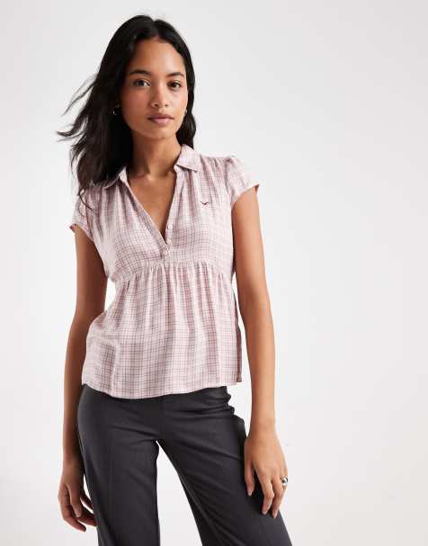Hollister short sleeve babydoll shirt in pink check - view 1