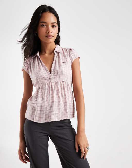Hollister short sleeve babydoll shirt in pink check, 1 of 4