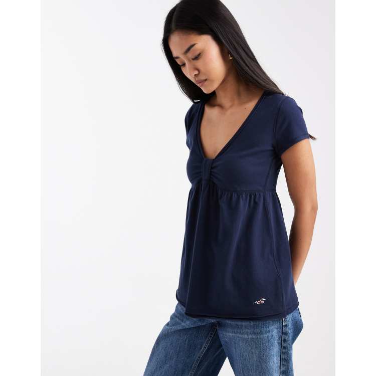 Hollister short sleeve babydoll top in navy | ASOS