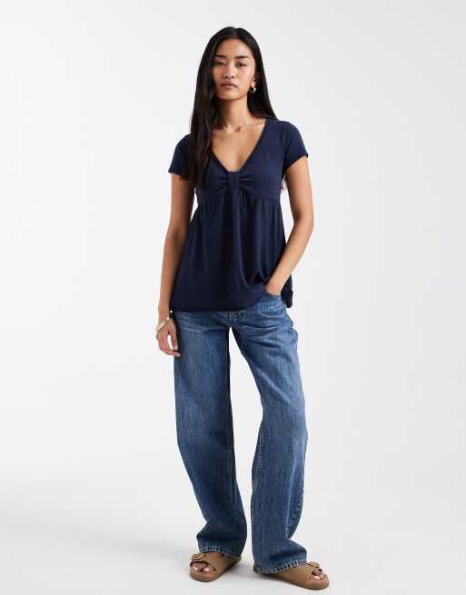 Hollister short sleeve babydoll top in navy, 2 of 4