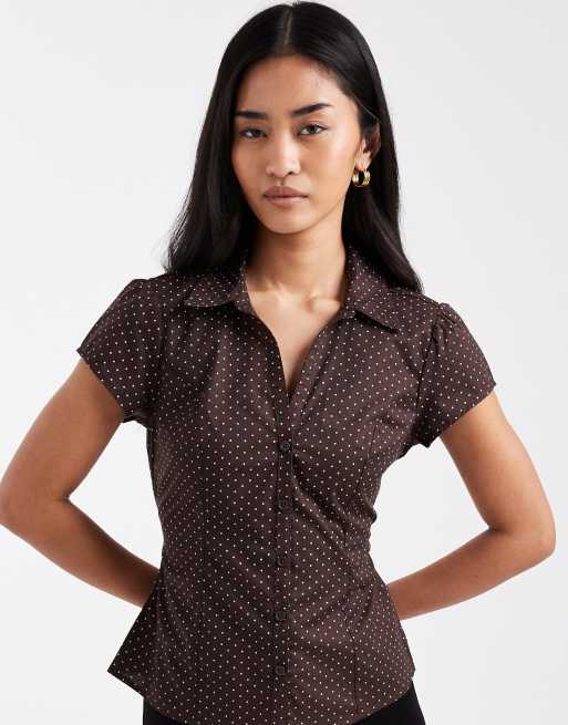 Hollister short sleeve bow belt shirt in brown polka dot