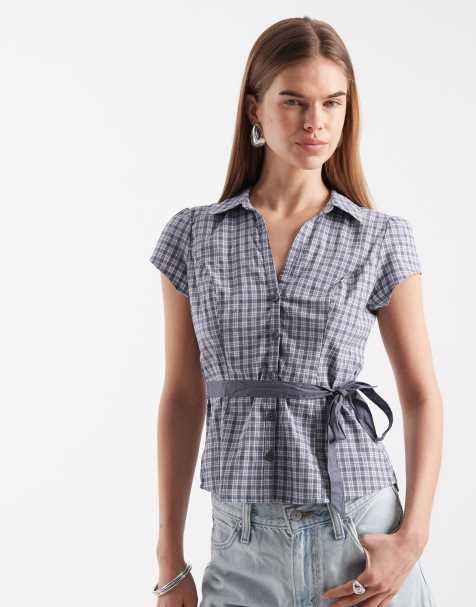 Hollister short sleeve bow belt shirt in navy gingham - view 1