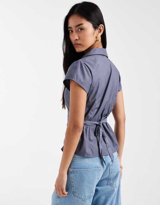 Hollister short sleeve bow belt shirt in navy, 4 of 4
