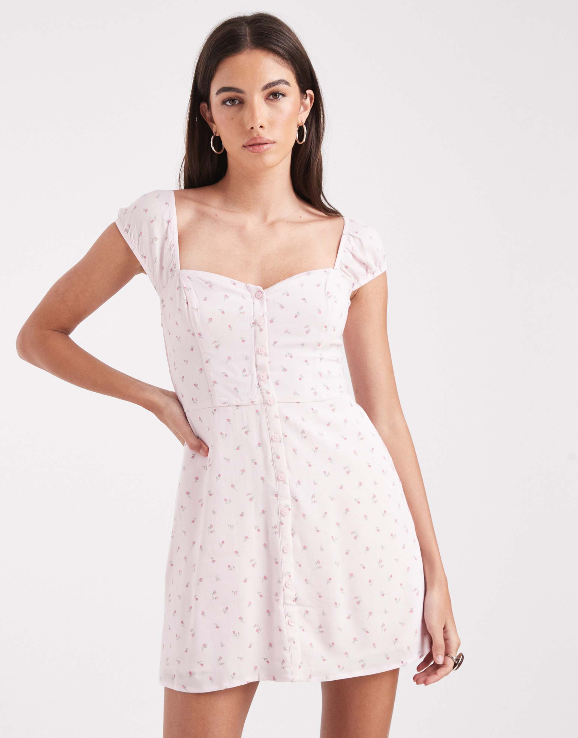 hollister short sleeve button up mini dress in pink florals