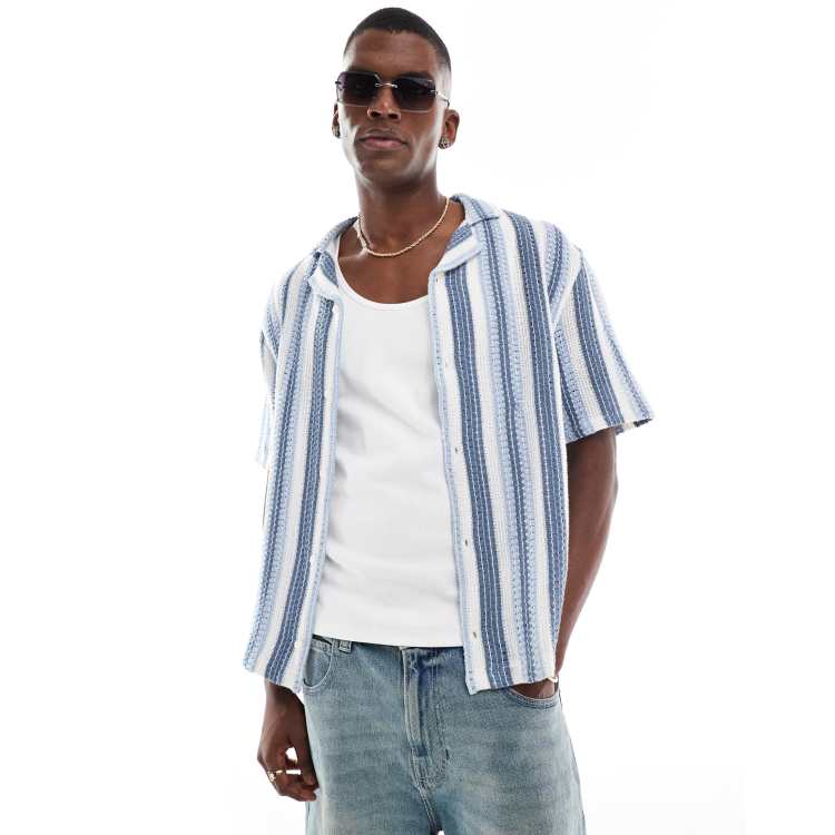 Hollister short sleeve crochet contrast shirt in blue stripes | ASOS