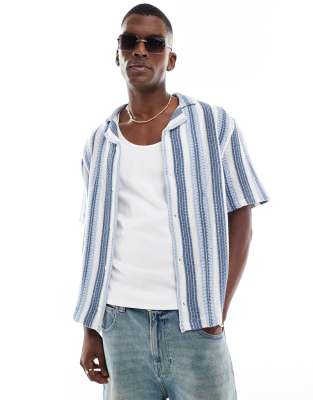 Hollister Hollister short sleeve crochet contrast stripe shirt in blue stripe-Neutral