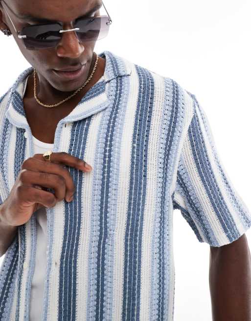 Hollister short sleeve crochet contrast stripe shirt in blue stripe