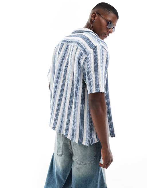 Hollister short sleeve crochet contrast stripe shirt in blue stripe