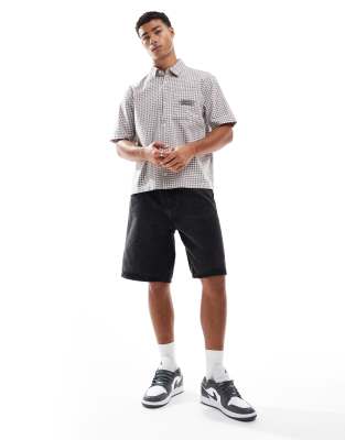 short sleeve embroidered shirt in gray check-Blue