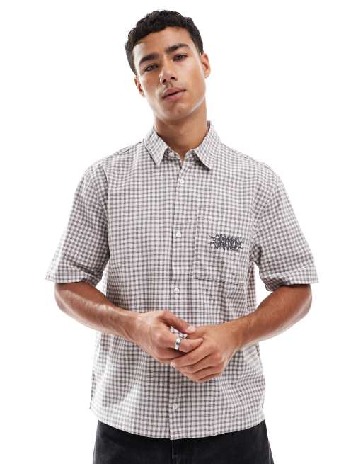 Hollister short sleeve embroidered shirt in grey check, 3 of 4
