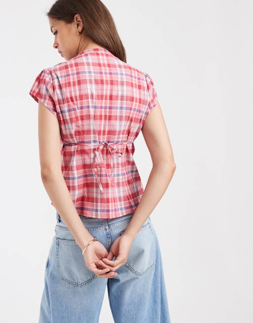 Hollister short sleeve henley shirt with tie back detail in red check, 4 of 4