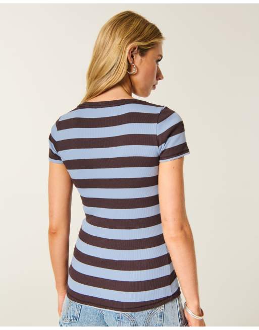 Hollister Short-sleeve icon henley in brown stripe, 3 of 4