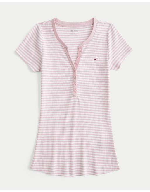 Hollister Short-sleeve icon henley in light pink stripe, 3 of 3